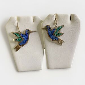 VTG Mexico Alpaca Hummingbird Crushed Turquoise And Malachite Dangle Earrings